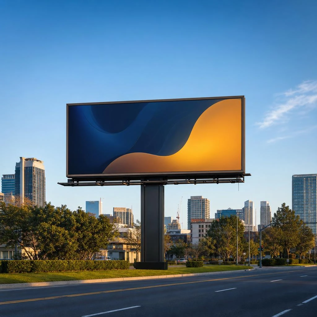 Roadside billboard beside a city skyline without overhead power lines
