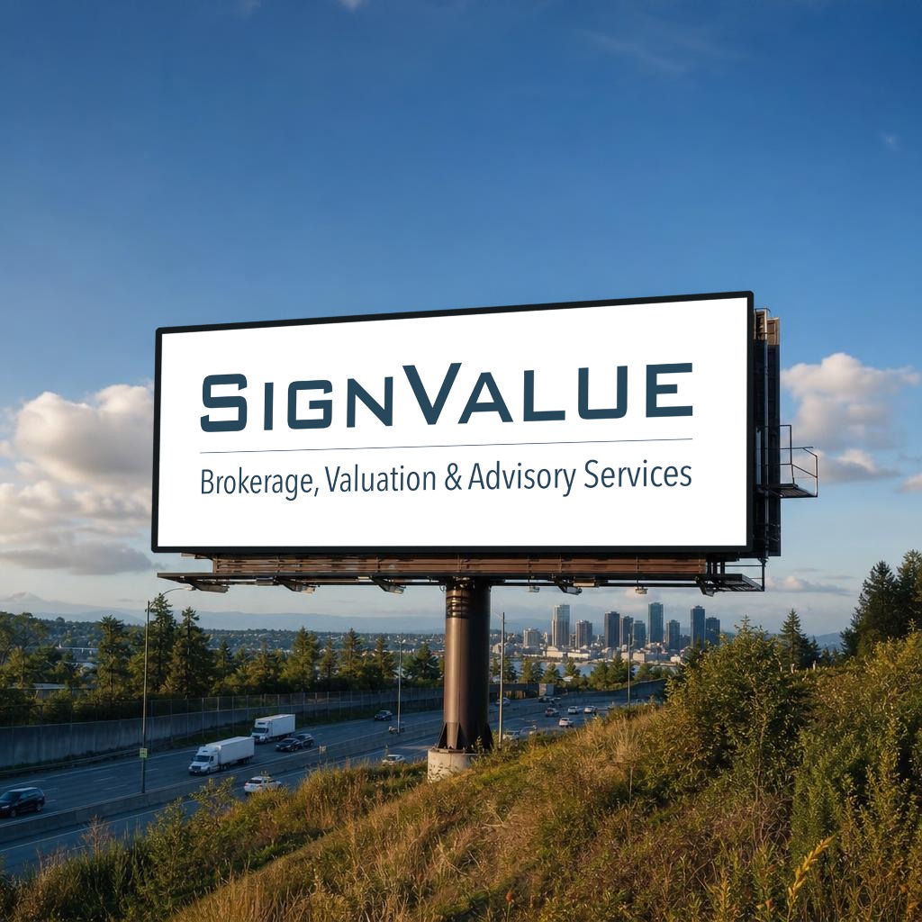 SignValue logo displayed on a white billboard above a highway